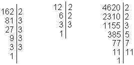 Faktorisering av tallene 162, 12 og 4620