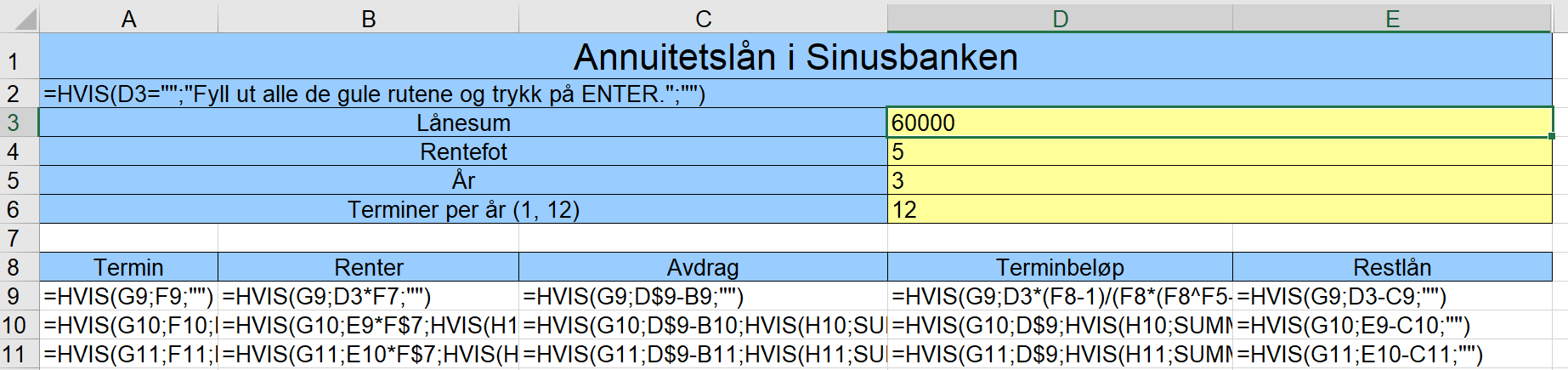 Skjermbilde av sinus regneark for beregning av annuitetslån